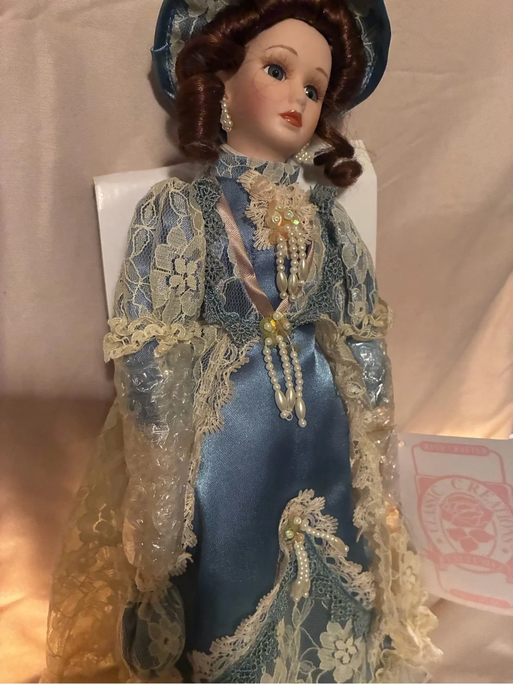 Blue Lace Satin Formal Dress with Pearl Trim Classic collection porcelain doll.